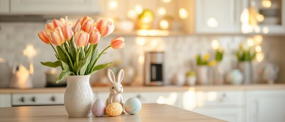 Springtime Easter decoration with tulips, bunny and colorful eggs on a wooden table in a bright kitchen, celebrating the holiday season with festive decor