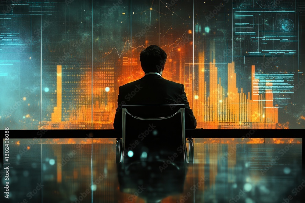 Poster futuristic corporate leader analyzing data points in a boardroom with double exposure effect featuri
