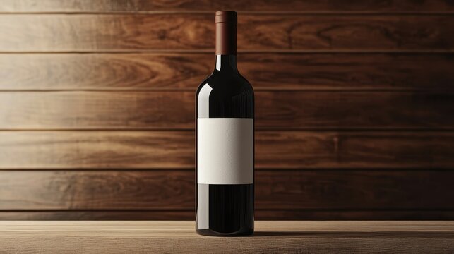 A sleek, modern wine bottle mockup, its label a blank canvas waiting for your creative touch, sits majestically against a minimalist display of polished wood or metal, exuding sophistication and