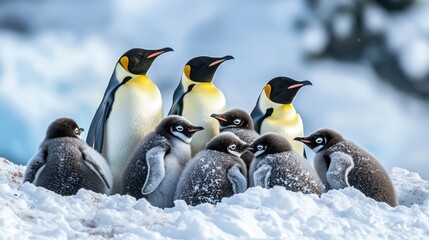 Fototapeta premium A group of emperor penguins huddling together against the cold Antarctic winds