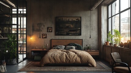 Bedroom Interior in Industrial Style with Natural Light and Plants
