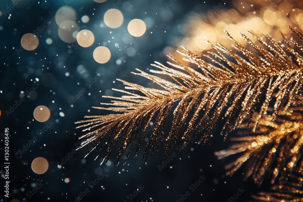 Poster golden bokeh lights and shimmering particles on a dark backdrop with a fir branch in the foreground