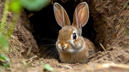 Fototapeta premium A baby bunny peeking out from a burrow, ears twitching