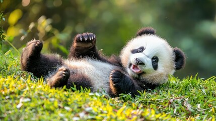 A baby panda rolling down a grassy hill, its fluffy fur bouncing