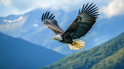 A bald eagle soaring over a mountain range, with its wings fully extended against a blue sky