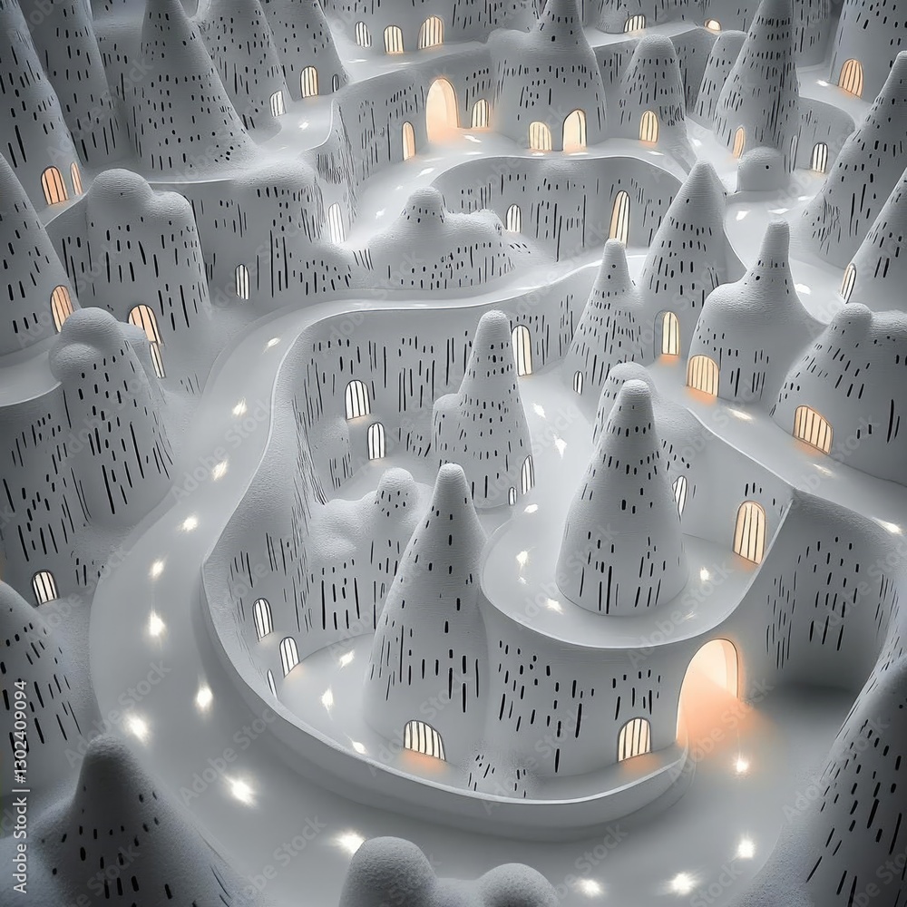Poster abstract white landscape with illuminated pathways and unique mountain-like structures
