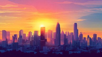 A vibrant city skyline at sunset, featuring tall buildings silhouetted against a colorful sky of orange, pink, and purple hues.
