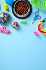 Pet supplies and toys on a blue background: dry food, grooming scissors, basket, colorful toys, and feathered teaser. Pet care concept