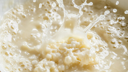 A creamy splash of liquid, showcasing texture and movement, possibly depicting milk or a similar food product.
