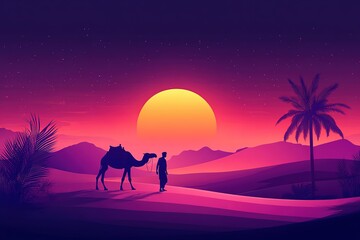 Desert Sunset Silhouette of Camel and Person in Vibrant Landscape Illustration