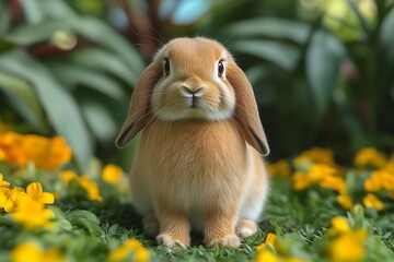 Lop-eared rabbit in garden blooms