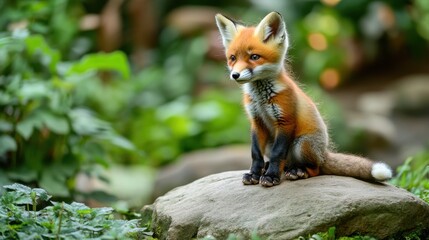 Obraz premium Young Red Fox Sitting on a Rock Surrounded by Lush Greenery