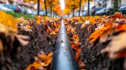 Obraz premium A trench full of sand and a large pipe set for burial, with a family home seen at the scene's border
