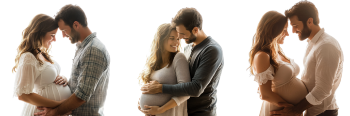 A Set of Romantic Poses of Pregnant Couple Embracing Isolated on Transparent Background
