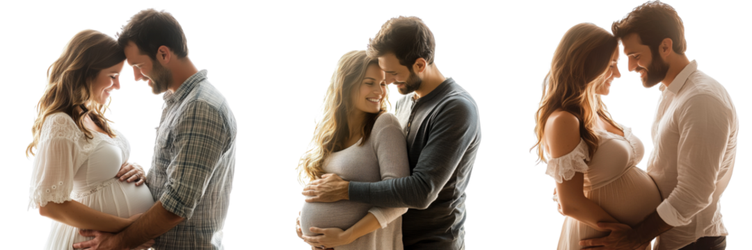 A Set of Romantic Poses of Pregnant Couple Embracing Isolated on Transparent Background - Powered by Adobe
