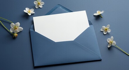 Elegant Blue Envelope with Blank Card and Delicate White Flowers:  A Springtime Invitation or Note