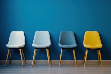 Modern Colorful Chairs Against Teal Wall Interior Design Stock Photo