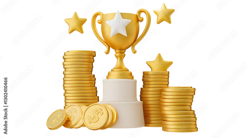 Poster a dynamic 3d rendered representation of financial victory featuring a gleaming golden trophy with a 