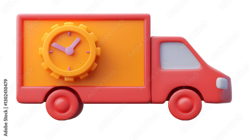 Poster Bold Red 3D Rendered Express Delivery Truck with Prominent Clock Signifying Urgency and Fast Shipping  Featuring Motion Streaks Geometric Precision and Smooth Minimalist Design for E commerce