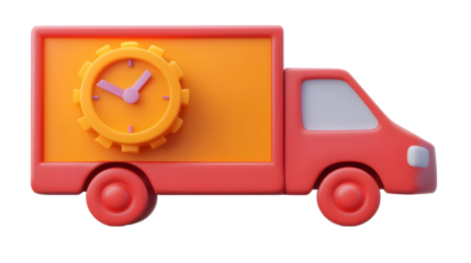 Bold Red 3D Rendered Express Delivery Truck with Prominent Clock Signifying Urgency and Fast Shipping  Featuring Motion Streaks Geometric Precision and Smooth Minimalist Design for E commerce