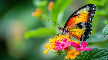 Fototapeta premium A close-up of a butterfly perched on a flower with colorful wings