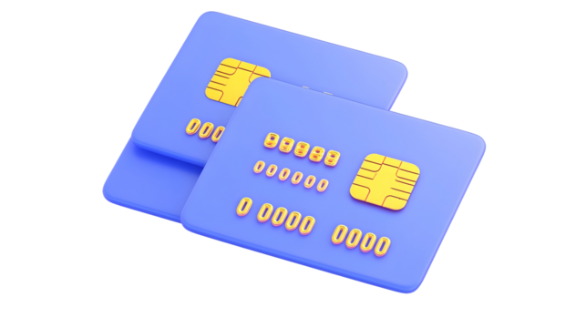 A modern 3D rendered financial concept showcasing two stylish blue credit cards with gold embossed details including a 16 digit number a built in chip and a contactless payment symbol