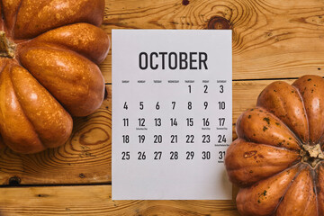 October 2020 monthly calendar with Pumpkin on wood