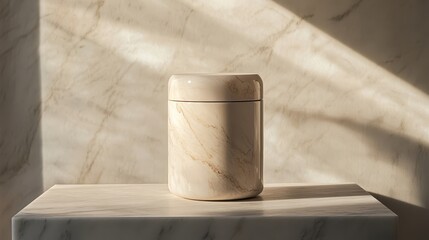 A sleek, modern Japanese tea canister, crafted from polished marble, sits majestically on a cool, neutral marble surface, bathed in soft, natural light, casting a warm glow on its elegant silhouette.