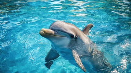 Obraz premium A close-up of a smiling dolphin swimming in crystal-clear blue water