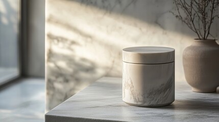 Naklejka premium A sleek, modern Japanese tea canister, crafted from polished marble, sits majestically on a cool, neutral marble surface, bathed in soft, natural light, casting a warm glow on its elegant silhouette.