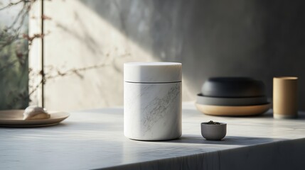 A sleek, modern Japanese tea canister, crafted from polished marble, sits majestically on a cool, neutral marble surface, bathed in soft, natural light, casting a warm glow on its elegant silhouette.