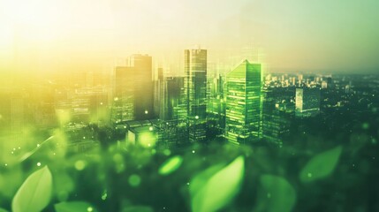 A futuristic city with skyscrapers and wind turbines, surrounded by lush greenery, symbolizes sustainable energy and future urban development, a hopeful atmosphere for eco-friendly cities