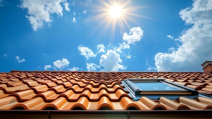 Roof tiles and a skylight under bright sunshine