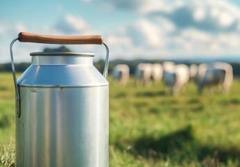 Fresh Milk Can in a Green Pasture with Dairy Cows Grazing Under a Blue Sky with White Clouds and a Vibrant Rural Landscape in Background