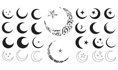 Crescent moon icon collection features varied crescent designs with stars, decorative patterns in black Ornamental moon. Perfect moon for celestial themes, spiritual designs, or astronomical projects.