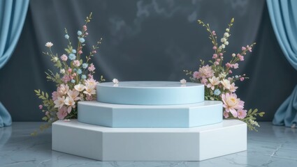 Elegant Three-Tiered Podium Surrounded by Decorative Floral Arrangements in Soft Blue and Green