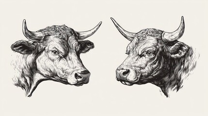 Two detailed cow head portraits in grayscale, side-by-side, vintage style.