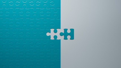 Close to Completion: Teal Jigsaw Puzzle with One Piece Missing, Emphasizing Challenge and Strategy