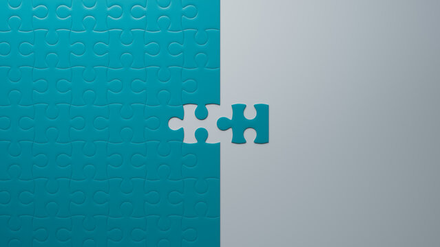 Close to Completion: Teal Jigsaw Puzzle with One Piece Missing, Emphasizing Challenge and Strategy