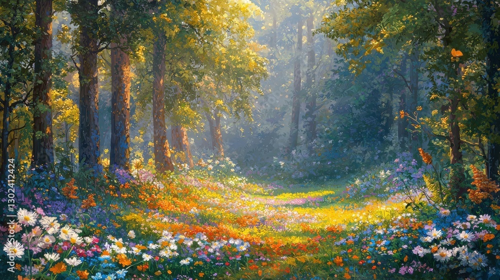 Poster a nature background showcasing a dense forest with towering trees, dappled sunlight filtering throug