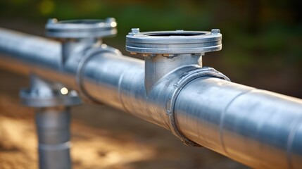 Fototapeta premium Close-Up of Industrial Silver Pipe with Valve in Natural Lighting Background