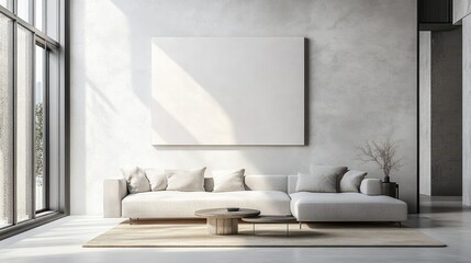 A pristine, frameless canvas hung against a stark, off-white wall in a minimalist living area, bathed in the warm, inviting glow of natural light, creating a sense of tranquility and open space.