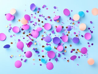 Colorful confetti scattered on a light blue background for festive celebrations