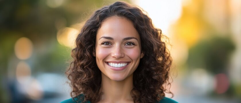 Portrait of a smiling, beautiful, and confident biracial woman with curly hair outdoors in the daytime, showcasing natural beauty and positive emotion