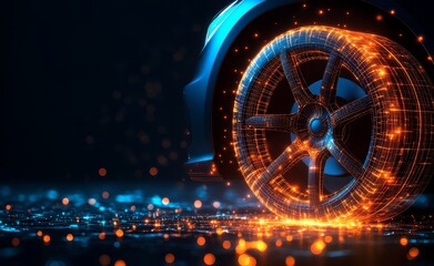 A 3D illustration showcasing the future of sports car tire technology with rim wireframe intersections