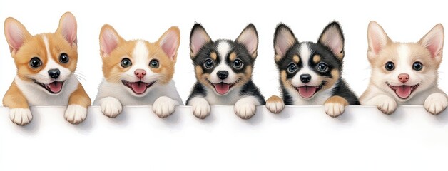 Adorable Group of Happy Corgi Puppies Sitting Together and Smiling
