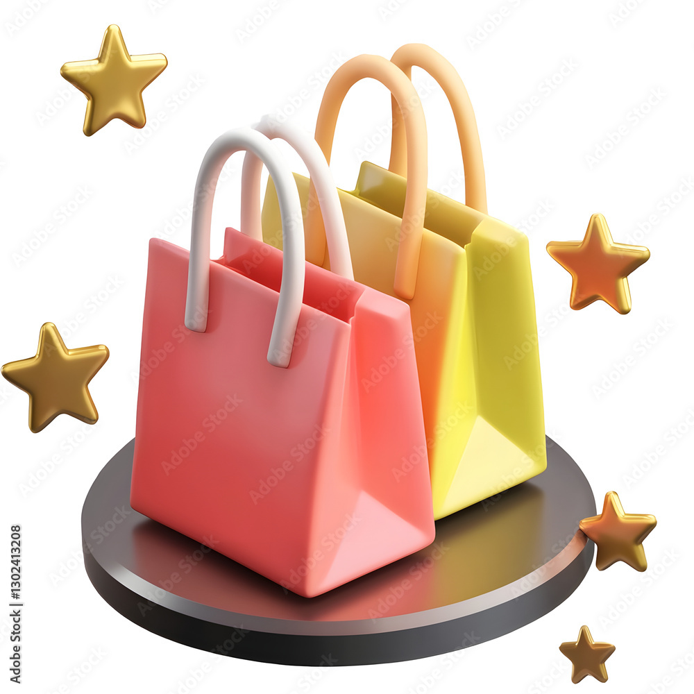 Poster stylish floating shopping bags with glowing star sparkles for e commerce and digital retail concepts