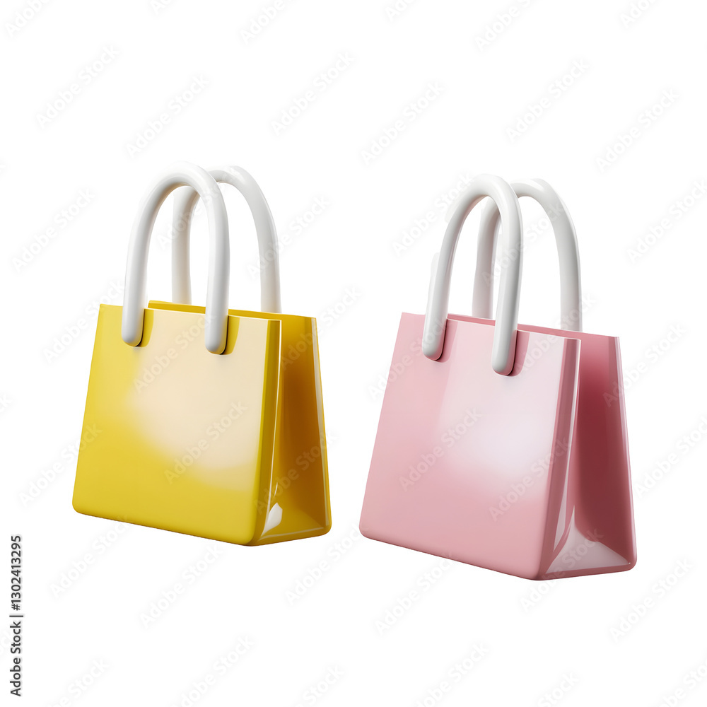 Poster visually striking 3d rendered image of two elegantly floating shopping bags in vibrant pink and yell
