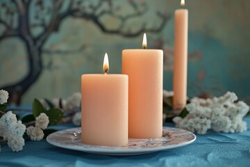 Festive Peach Candles Illuminating a Joyful Gathering on a Vibrant Table. Generative AI