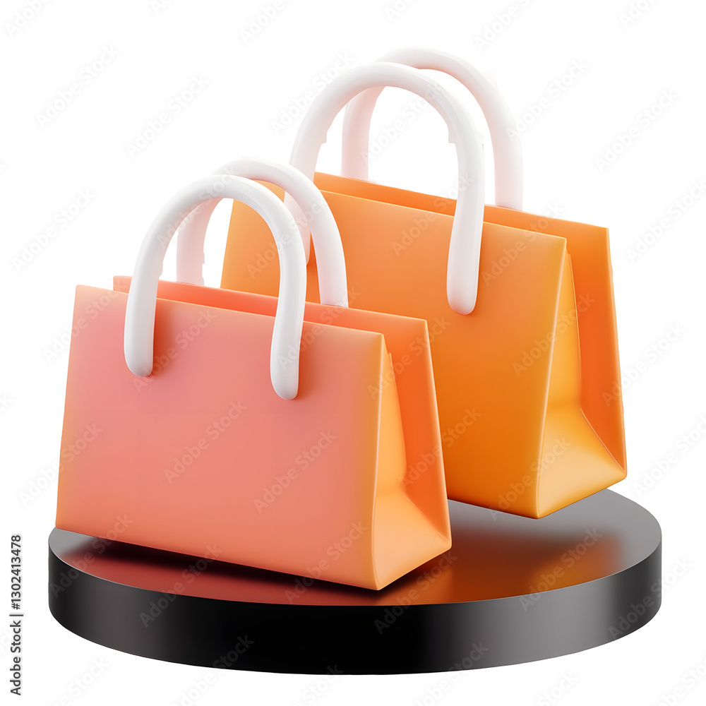 Poster Playful and modern 3D rendered visual of two floating shopping bags designed in an eye catching pink and yellow color scheme with glossy textures  White rounded handles add a stylish touch